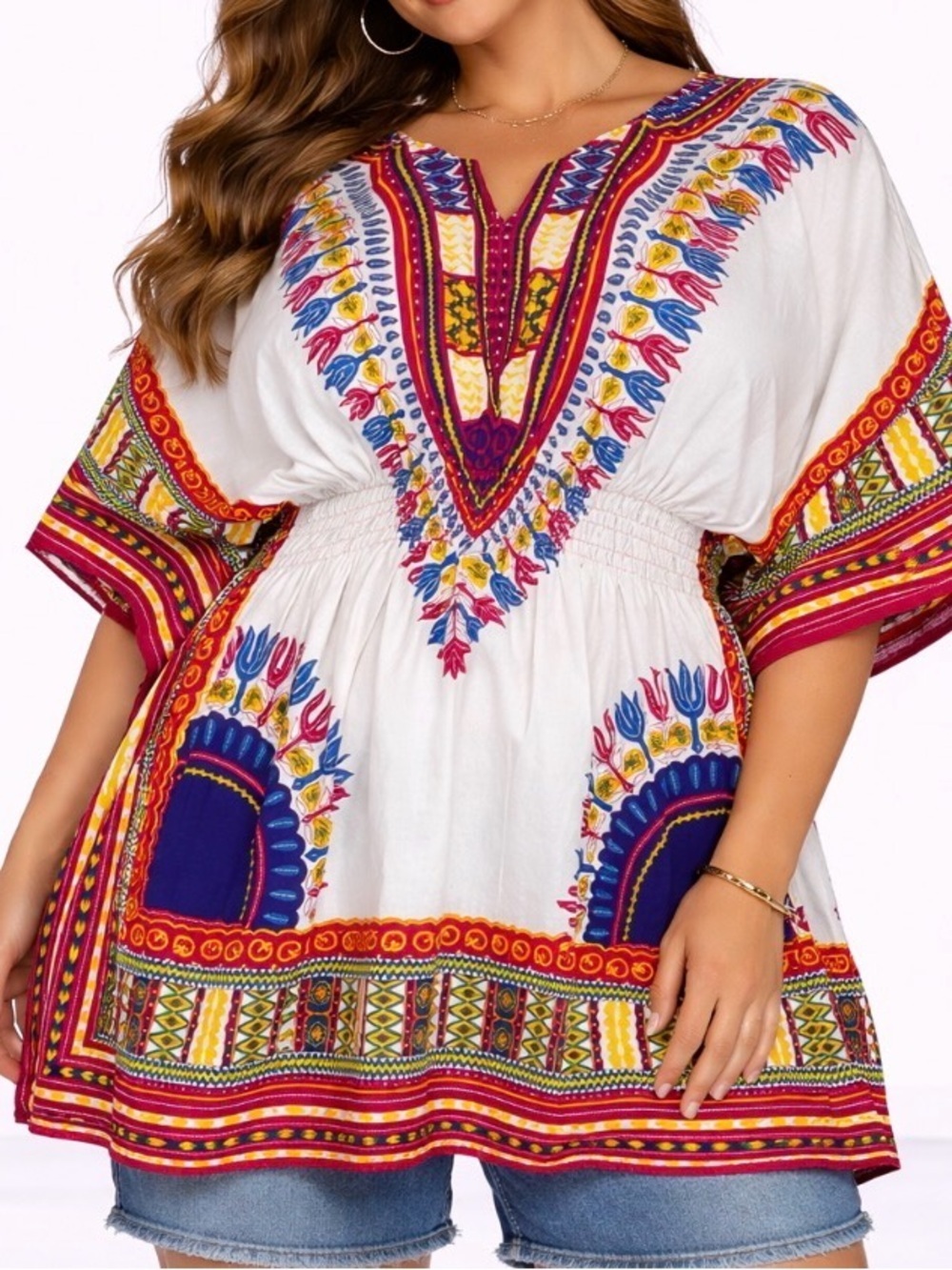 NF brand African Dashiki Kaftan like new 100% Cotton multi-colored elastic waist